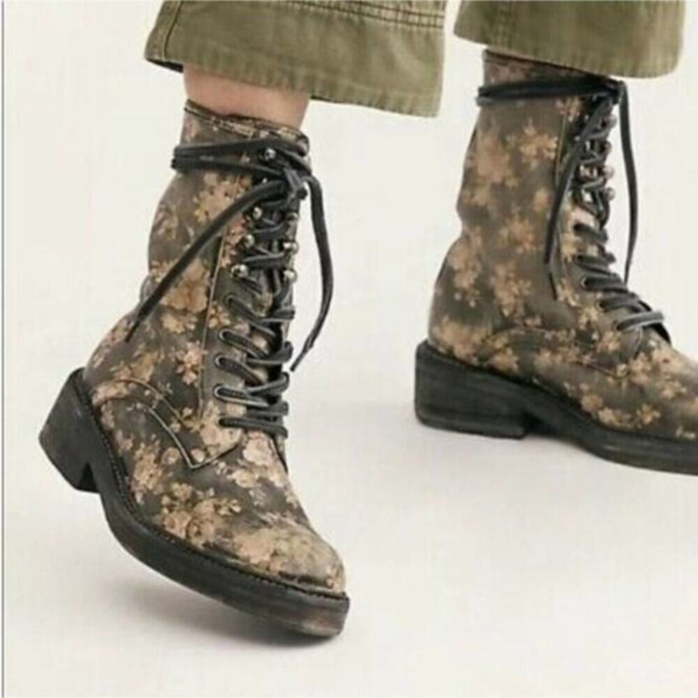 FREE People Santa Fe Floral Lace Up Ankle Boots Distressed Combat Moto Grunge